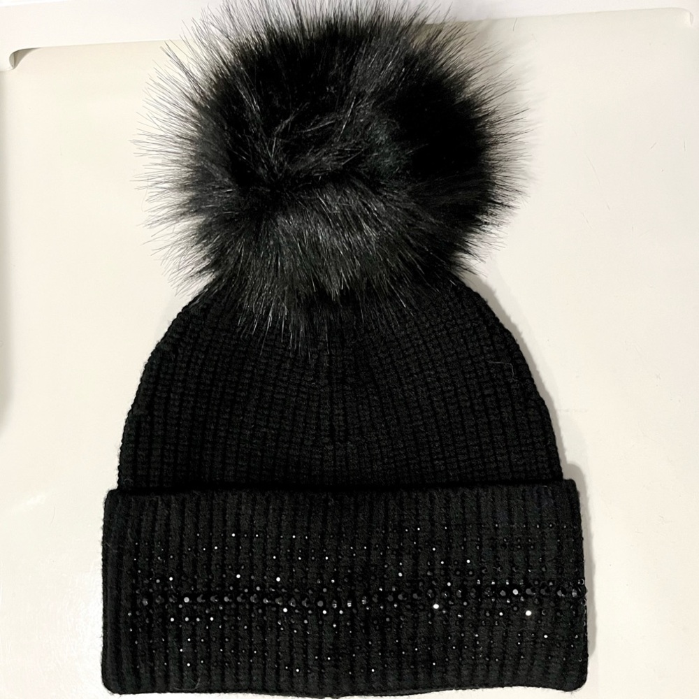 Chic Black Knit Beanie with Sequin Embellishments and Pom Pom